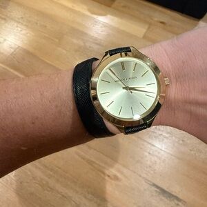 Michael Kors Slim Runway Gold-Tone and Black Leather Wrap Watch